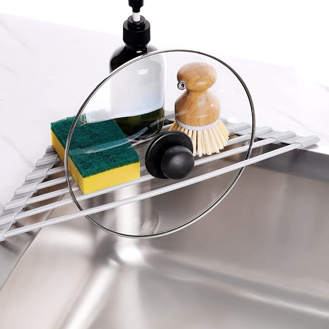 Tomorotec Triangle Roll-Up Dish Drying Rack - Small Foldable Silicone Coated for Sink Corner, Stainless Steel Over Sink Organizer, Drainer Caddy for Multipurpose Kitchen Storage (Gray)