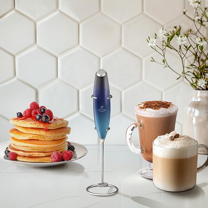 Zulay Kitchen Powerful Milk Frother Wand With 4 AA Duracell Batteries - Ultra Fast Handheld Drink Mixer - Electric Whisk Foam Maker for Coffee, Lattes, Cappuccino, Matcha & Creamer - Deep Sea