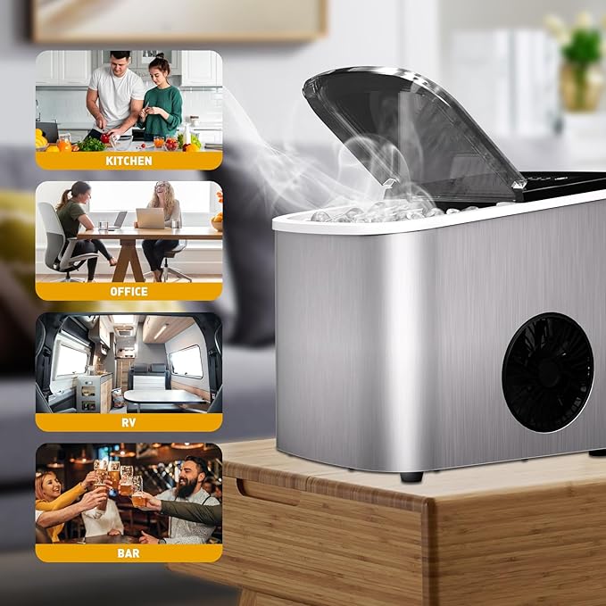 38lbs Per Day Countertop Ice Maker, 9 Ice Cubes in 3.5 Minutes, Self-Cleaning Portable Ice Machine with 2 Bullet Sizes for Kitchen, Camping, RV, and Party