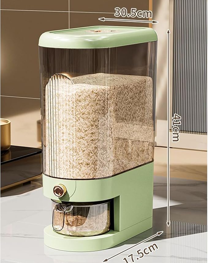 Peaoop 22LB Rice Dispenser, Large Grain Container Storage with Lid Measuring Cylinder Household Cereal Dispenser Bucket for Kitchen Soybean Corn (22LB-Green)