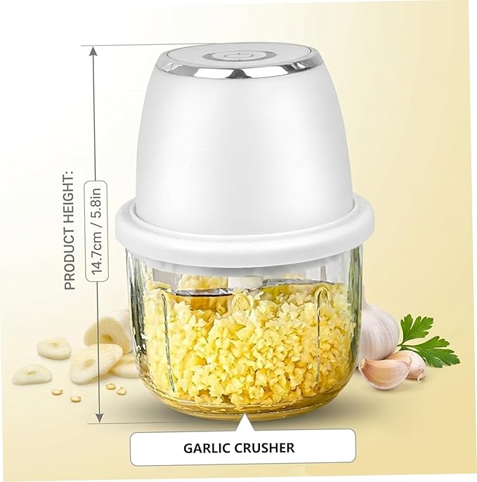 350ml Mini Food Chopper with 6 Stainless Steel Blades & Thickened Glass – Cordless Electric Garlic Chopper for Garlic Ginger Herbs Easy Clean Powerful Motor (White)