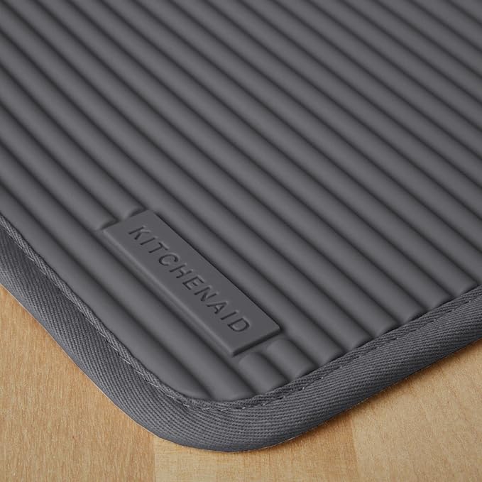 KitchenAid Ribbed Soft Silicone Pot Holder Set, Charcoal Grey 7"x9" & Beacon Two-Tone Non-Slip Oven Mitt Set, Contour Silver/Onyx Black, 5.75"x13", 2 Piece