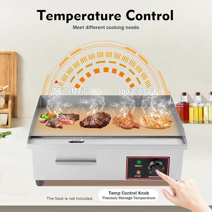 22 Inch Commercial Electric Griddle Flat Top, 110V 1.6KW Grill Hot Plate BBQ Countertop, Stainless Steel Electric Table Stove Fry Pan Adjustable Suitable For Kitchen, Steak Restaurants