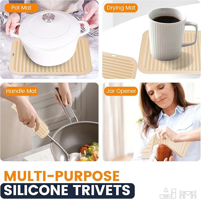 Silicone Trivet Mats 4 Heat Resistant Pot Holders Multipurpose Non-Slip Hot Pads for Kitchen Potholders, Drying mat, Jar Opener, Spoon Holder, Coaster.(Ivory White)