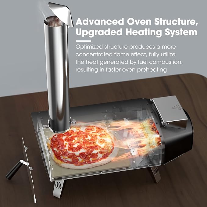 Mimiuo 12" Outdoor Wood Pellet Pizza Oven, 34.8 lbs Heavy Duty Stainless Steel Pizza Stove - 60 Second Pizza, Includes 13" Square Stone Foldable Peel & Cover - Portable for Backyard Camping