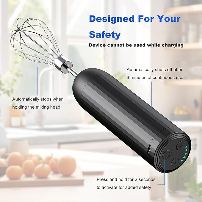 Electric Hand Mixer with MixgoII, Handheld Mixer Electric Whisk, Rechargeable Cordless Handheld Mixer & Milk Frother, Small Food Chopper for Dicing, Mincing, and Puree, 4-Speed, 10Oz