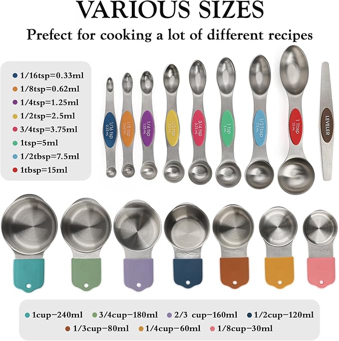 Magnetic Measuring Cups and Spoons Set of 16,Stainless Steel Magnetic Measuring Cups Set 7 and Magnetic Measuring Spoons Set of 8 with Leveler for Dry Liquid Ingredients (16, Colorful)