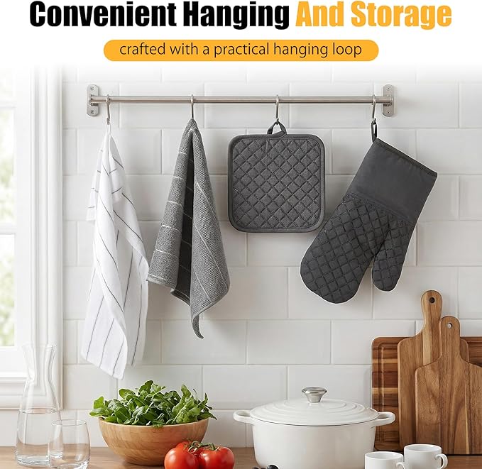 Oven Mitts Kitchen Towels Dishcloths with Pot Holders Sets 12pcs Dish Towels Sets Oven Gloves Pot Pads Heat Resistant 500 Degrees with Non-Slip Silicone Surface for Cooking Baking Grilling