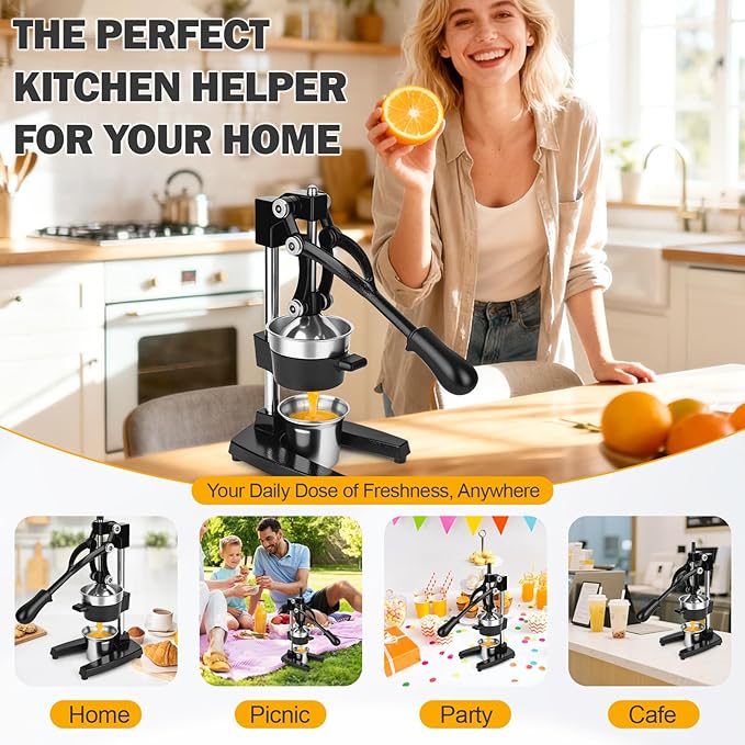 Manual Cast Iron Juicer with Stainless Steel Cup -Heavy-Duty Lemon Squeezer for Maximum Juice Yield & Effortless Cleaning Dishwasher Safe Ideal for Home Kitchens, Restaurants & Lemonade Stands