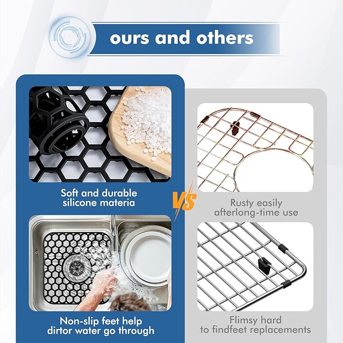 Bestjing 2 Pack Silicone Sink Protectors for Kitchen Sink - 12" x 11" Kitchen Grid Accessory, Non-Slip Heat-Resistant Mat for Bottom of Porcelain Stainless Steel, Dishwasher Safe (Black)