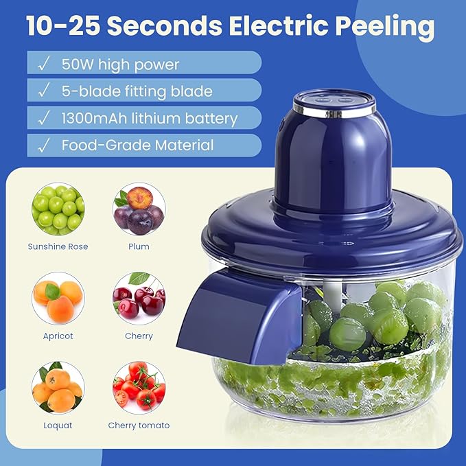 Electric Grape Peeling Machine, Garlic Peeling Machine, Automatic Peeler, Garlic Peeler Skin Remover Commercial Fruit Rechargeable Milk Tea Fruit Shop Special Equipment (Blue)