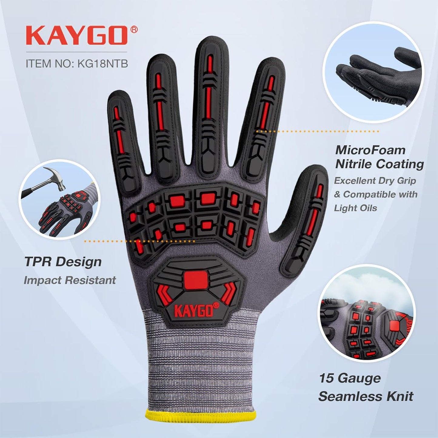 KAYGO Impact Reducing Work Gloves for Men,3 Pairs KG18N TPR Safety Work Gloves MicroFoam Nitrile Coated, Seamless Knit Nylon, Ideal for General Purpose,S