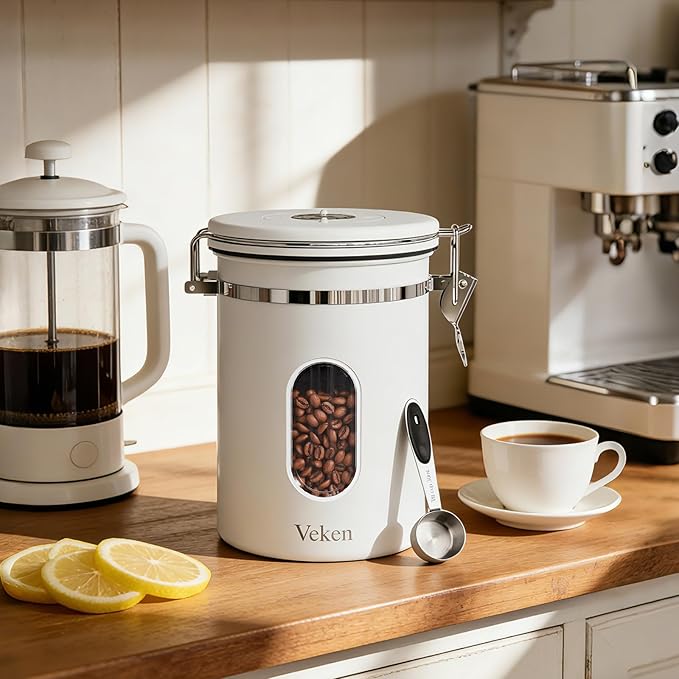 Veken Coffee Canister with Window, Airtight Stainless Steel Kitchen Food Storage Container with Lids, Date Tracker and Scoop for Grounds Coffee, Beans, Tea, Flour, Cereal, Sugar Jars, 22OZ, White