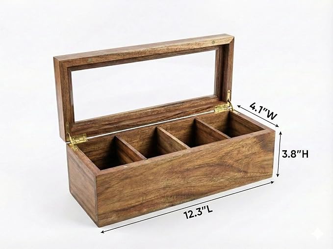 Acacia Wood and Bamboo Tea Bag Organizer - 4 & 8 Compartment Tea Box for Countertop - Tea Station & Coffee Bar Accessories - Fits Large & Craft Tea Bags (Wood, 4 Compartment)