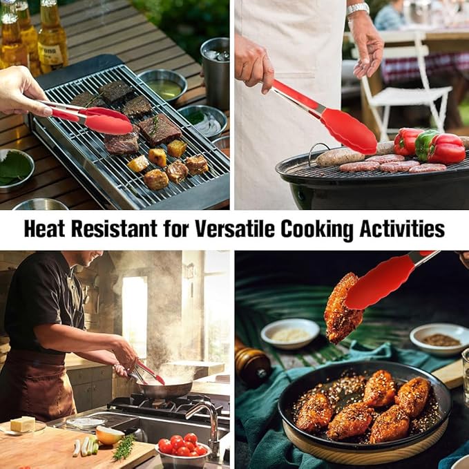 Kitchen Tongs 2 Pcs Tongs for Cooking 9 Inch 12 Inch Red Silicone Tongs Stainless Steel Locking Food Tong with Non-Slip Silicone Tips Heat Resistant Serving Tong for BBQ Grilling Salad Kitchen Utensil