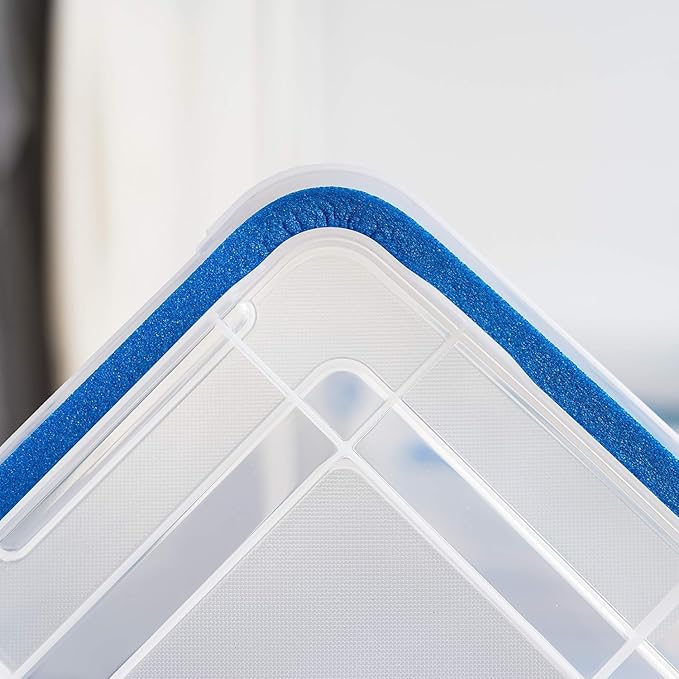 IRIS USA 60 Quart WEATHERPRO Plastic Storage Box with Durable Lid and Seal and Secure Latching Buckles, 3 Pack, Weathertight, Keep Pest Dust and Moisture Out, for Oversized Bulky Items, Clear/Blue