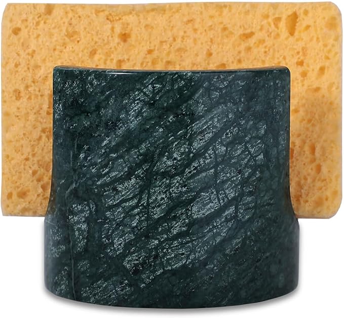 JIMEI Travertine Marble Sponge Holder for Kitchen Counter - Natural Stone Dish Drying Rack, Sponge Caddy for Sink Organizer - Durable & Stylish Kitchen Decor (India Green Marble)