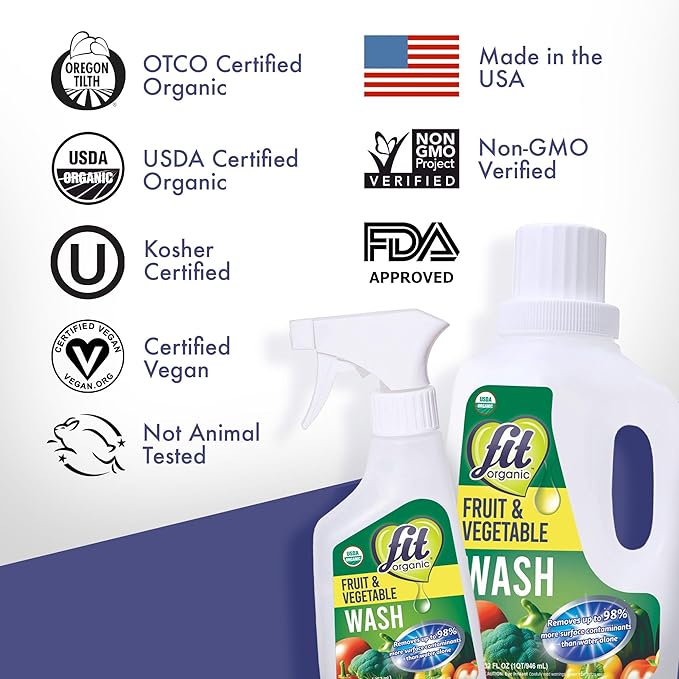 FIT Organic Fruit and Vegetable Wash Spray – USDA Certified Organic & Kosher Produce Cleaner – Removes Surface Contaminants–Family & Pet Safe, Natural & Chemical-Free–12 Fl Oz (2-Pack)