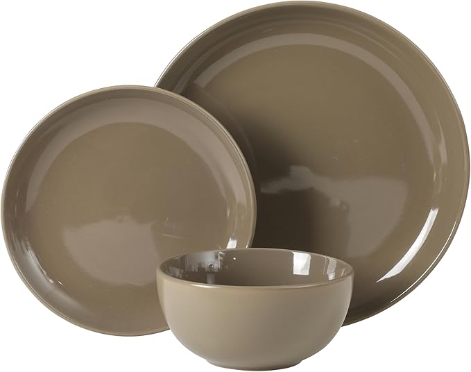 Gibson Home Rockaway 12 Piece Plates and Bowls Matte Outside/Shiny Inside Glaze Service for 4 Dinnerware Set - Assorted Color (Cream, Blue, Beige, Brown) - Dishwasher and Microwave Safe