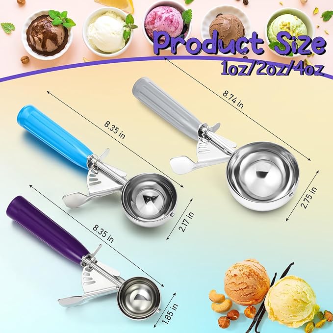 Reallnaive 3 Pcs Release Cookie Scoops Ice Cream Scooper with Trigger Release Portion Scoop Stainless Steel for Portion Control, Baking Food, Cookie Dough (4 Oz+2 Oz+1 oz,Gray,Blue,Purple)