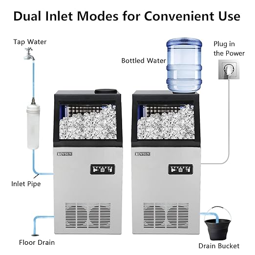 ROVSUN Commercial Ice Maker 110lbs/24h Automatic Built-in Stainless Steel Under Counter/Portable Freestanding for Restaurant Bar with 24lbs Storage, Connection Hoses & Ice Scoop
