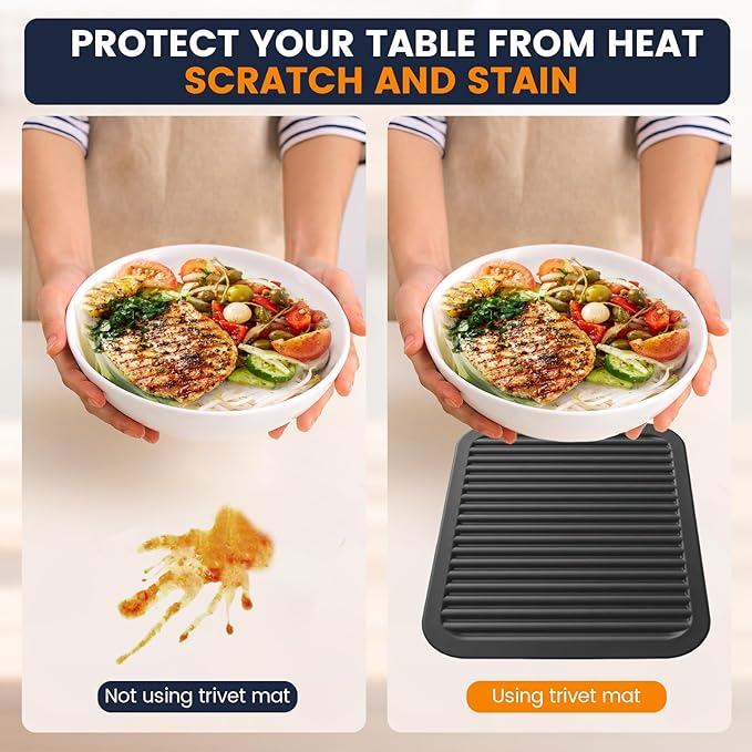 Silicone Trivet Mats 2 Heat Resistant Pot Holders Multipurpose Non-Slip Hot Pads for Kitchen Potholders, Drying mat, Jar Opener, Spoon Holder, Coaster.(Jet Black)