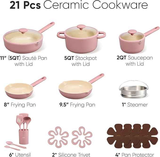CAROTE 21pcs Cookware Set Nonstick Pots and Pans Set, Ceramic Cookware Set Induction Cookware, Non toxic Healthy Non Stick Kitchen Cooking Set, PFAS PTFE Free