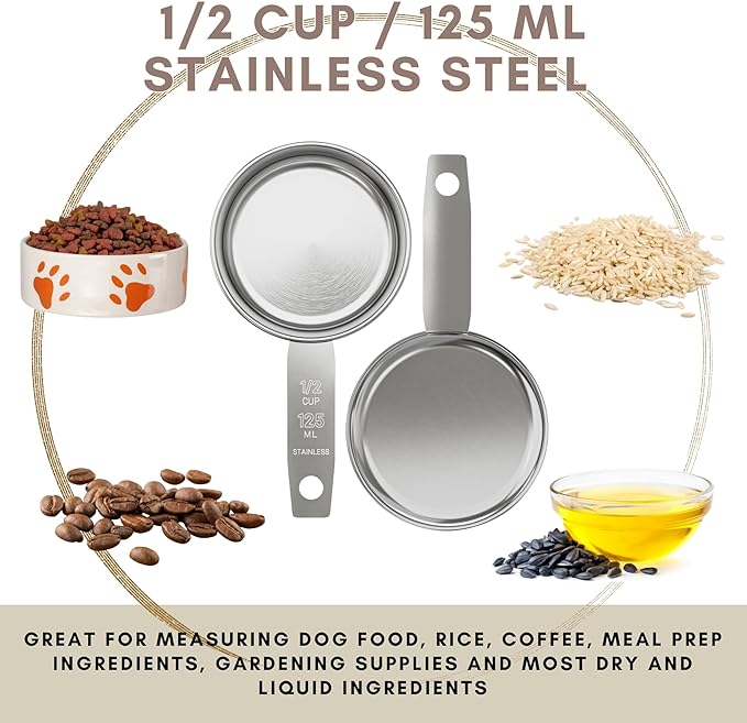 1/2 Cup Stainless Steel Measuring Cup | Sturdy Metal 125 ml | 125 cc | 4 oz | Single Cup for Wet and Dry Ingredients | Great for use as 1/2 Cup Dog Food Scoop - 1 PK