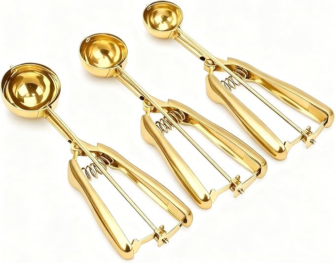 Gold Ice cream spoon,3Pcs Cookie Scoop Set,Stainless steel ice cream scoop with trigger release,Tablespoons,dough scoop,3 Sizes (S/M/L)