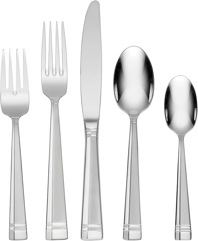 Oneida Silverware Set, Amsterdam 45-Piece Everyday Flatware Set, Service For 8, 18/0 Stainless Steel, Rust Resistant, Dishwasher Safe, Knives Spoons And Forks Set, Home And Kitchen (Silver, 45 Piece)