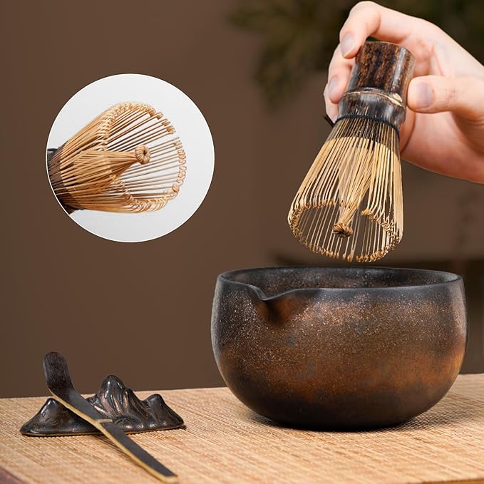 Matcha Whisk Set, 7-Piece Gilded Matcha Set with Ceramic Bowl, Whisk, Wooden Handle Sifter, Large Bamboo Mat and More – Complete Matcha Kit with Gift Box for Matcha Lovers