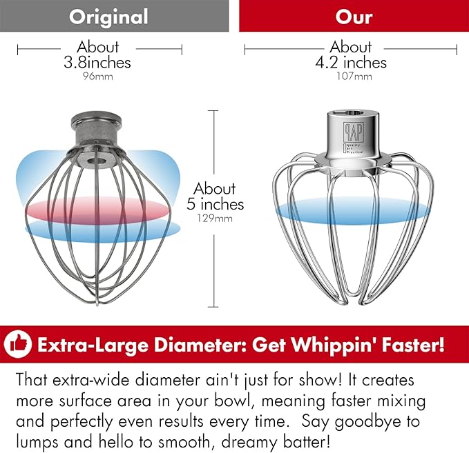 Heavy Duty Whisk Attachment for KitchenAid Artisan Mini 3.5 Quart Tilt-Head Stand Mixers- Extra Thick Stainless Steel Wire Whip for Fast Whipping, Perfect for Large Batches, Dishwasher Safe