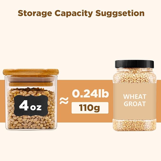 SHOWIN Glass Food Storage Jars Square 4oz, 12 Pack Glass Jars With Bamboo Lids, Kitchen Storage Containers For Spice, Candy, Cookie, Storage For Pantry Organizers