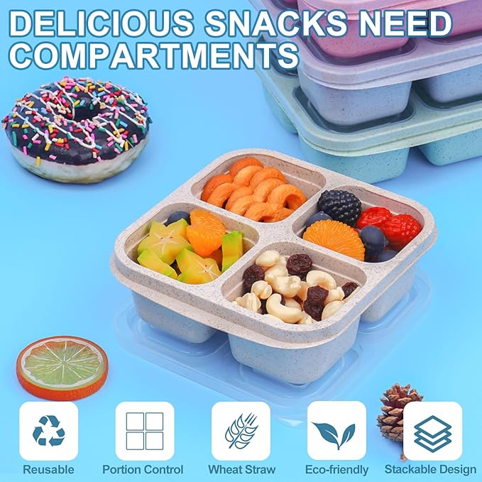 LCHLZZ 20 Pack Snack Containers, 4 Compartments Reusable Meal Prep Lunch Containers, BPA Free Bento Snack Box, Divided Food Storage Containers for Travel, Picnic, Microwave and Dishwasher Safe