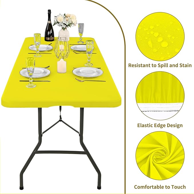 6 Pack Fitted Tablecloth for 8 Foot Rectangle Tables, Yellow Elastic Outdoor Picnic Table Cover, Washable Stretch Folding Table Cloths 8 ft for Camping Party Patio Kitchen Banquet, 30" W x 96" L