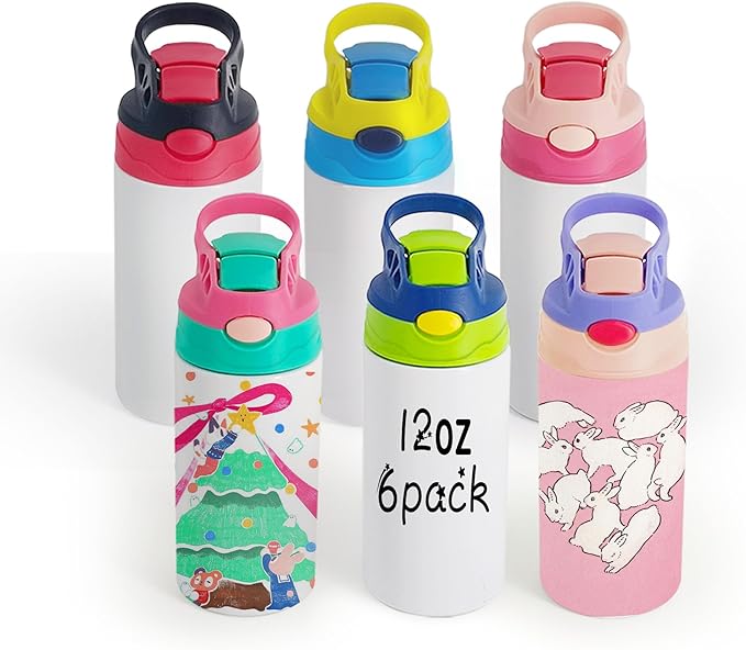 6 Pack 12 OZ Sublimation Straw Sippy Cup Blank Tumblers Double Wall Vacuum Insulated Mixed Color Thermoses Stainless Steel Water Bottles for School
