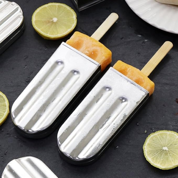 6 Pcs Stainless Steel Popsicle Molds, Ice Pop Molds with Holder, Stainless Steel Reusable Homemade Popsicle Maker with 50 Wooden Sticks and 6 Silicone Seals and 20 Pop Bags, Cleaning Brush
