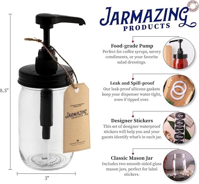 Jarmazing Products Mason Jar Syrup Dispenser - Set of 2 – 16 oz Smooth Jars with Rust-Proof, Leak-Proof, Food Grade Pumps for Honey, Syrups, Condiments, Salad Dressings and More