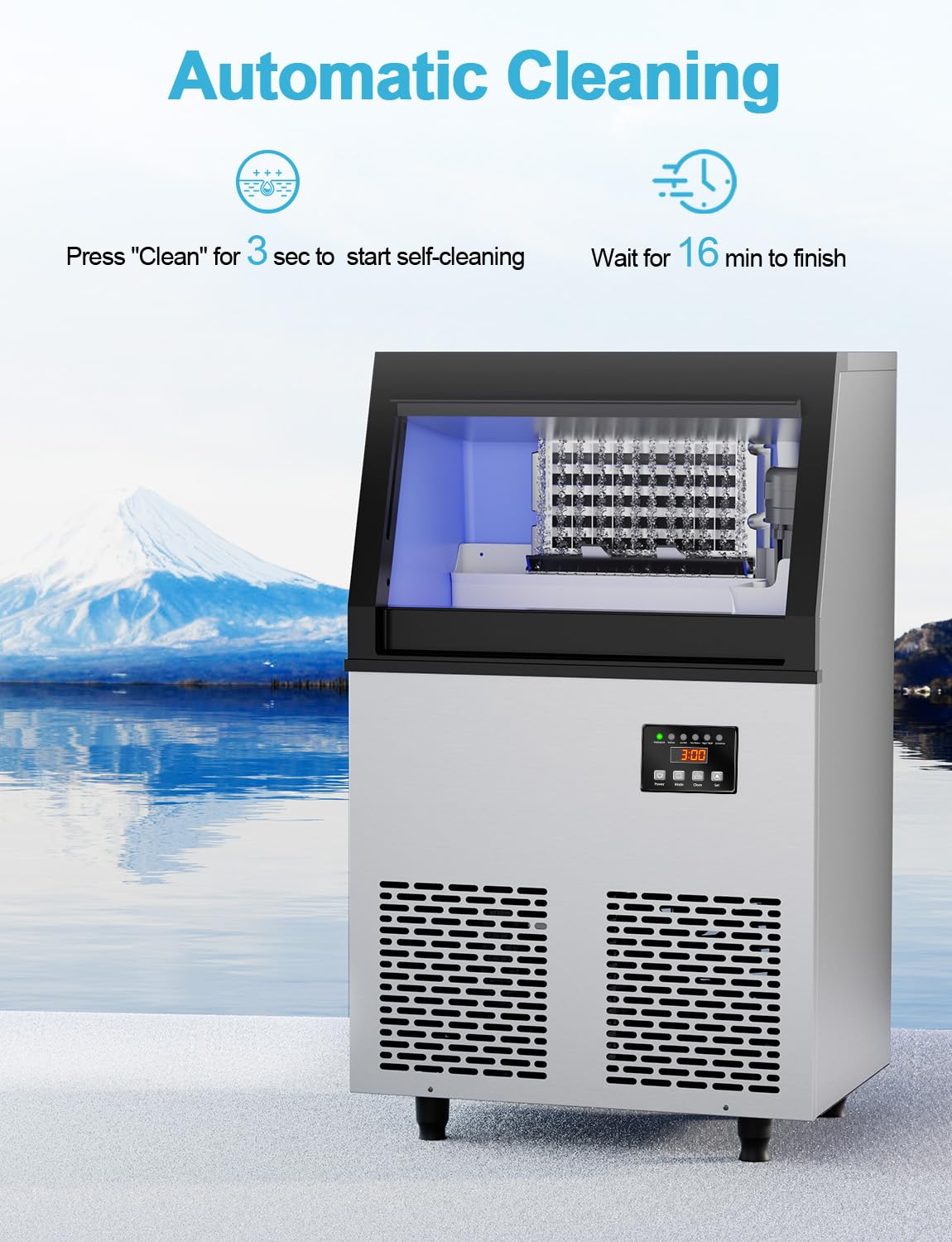 Commercial Ice Maker Machine, 200 lbs/24H Under Counter Ice Machine, Stainless Steel Freestanding Ice Makers for Restaurant, Home, Bar, Office, Party, Outdoor Activities