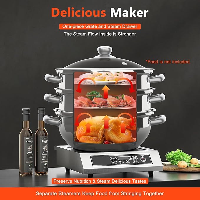 3-Tier Food Steamer Pot for Cooking - 12.8in Stainless Steel Steamer w/Lid Cookware For Vegetable,Dumpling, Crab, Stock