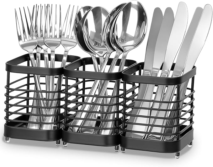 Utensil Holder, Stainless Steel Utensil Drying Rack for Kitchen Counter, Silverware Cutlery Flatware Holder Forks, Knives, Spoons, Chopsticks Organizer (Black)