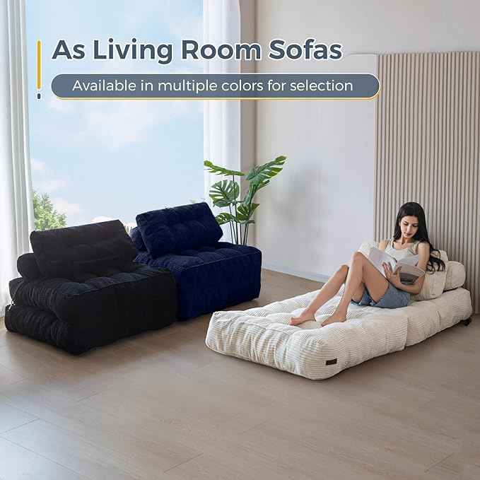 MAXYOYO Folding Sofa Bed, Convertible Sleeper Chair with Pillow Foldable Matress with Back Support, Portable Fold Out Chair Bed Comfy Floor Sofa Lounge for Living Room Bedroom, Navy, Single