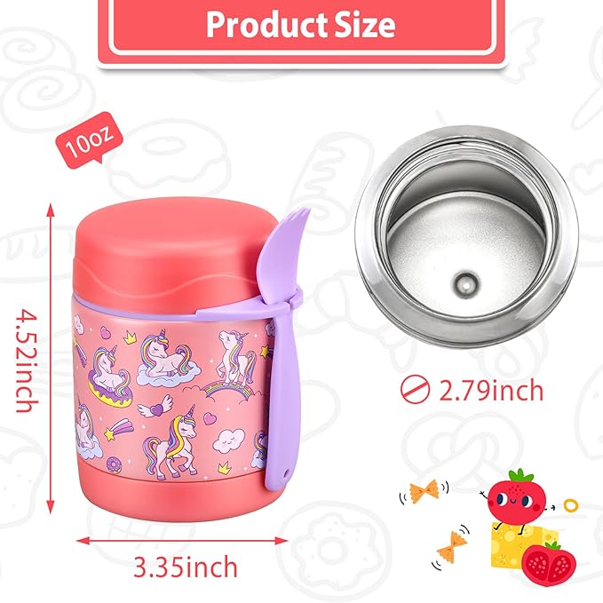 10oz Soup Thermo for Hot Food Kids,Lunch Thermo Kids Food Jar with Spoon Hot Insulated Food Containers,Leak Proof Stainless Steel Wide Mouth Lunch Thermo Jar for School(Pink-Unique Horse)