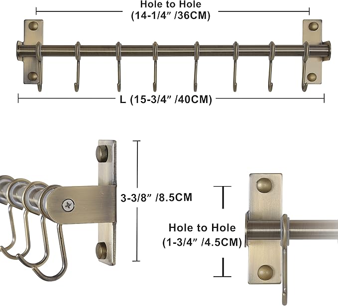 Dseap Kitchen Utensil Holder Hanger, Pot and Pan Rack Wall Mount, Kitchen Rail with 8 Hooks for Hanging Cooking Utensils, Mugs, Spoons, Wall Mounted, Stainless Steel, Bronze