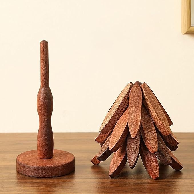 Natural Wood Tree Trivet Set, 𝐍atural Tree Trivet Set - 4 Wooden Trivets,4 Wooden 𝐓rivets & 1 Stand Like a Christmas Trees,for Hot Dish,Pot,Bowl,Teapot,Hot Pot Sets (Walnut Finish 4 Trivets,1set)