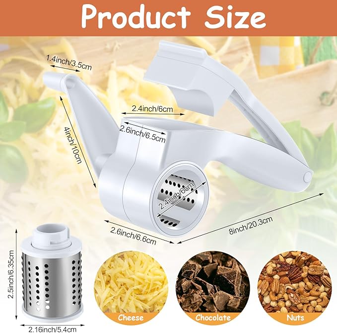 Boao Rotary Cheese Grater Manual Handheld Cheese Grater with Stainless Steel Drum for Grating Hard Chocolate Nuts Kitchen Tool(White)