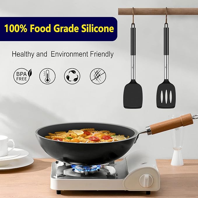 HOTEC Silicone Spatula Set of 2 Heat-Resistant 600°F & BPA-Free Kitchen SaptulaTurner with Stainless Steel Handles, Slotted & Solid Spatulas for Nonstick Cookware, 13.7 Inch, Black