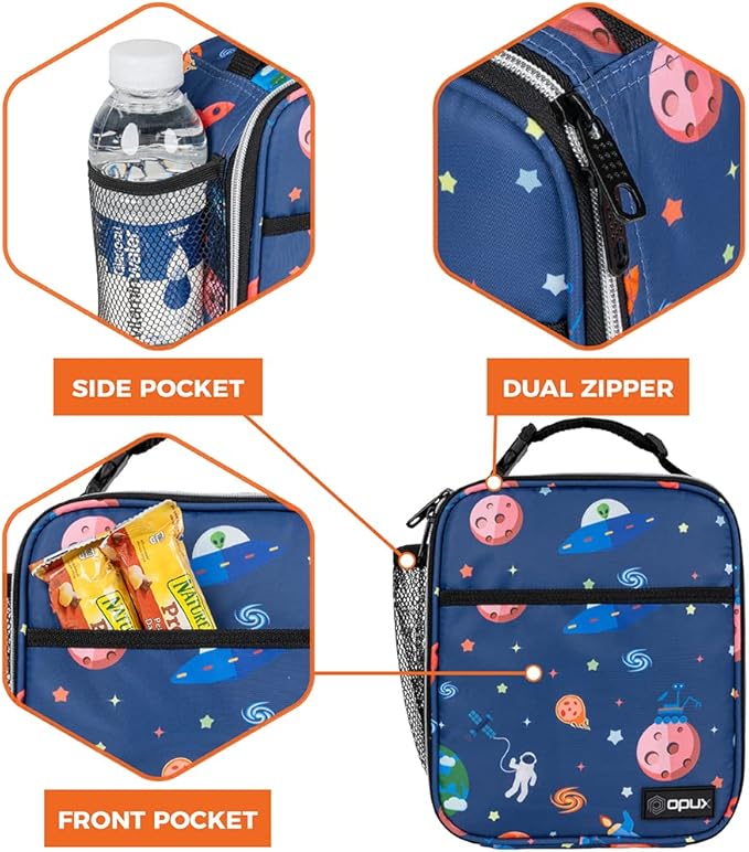 opux Premium Insulated Lunch Box, Soft School Lunch Bag for Kids Boys Girls, Leakproof Small Lunch Pail Men Women Work, Reusable Compact Cooler Tote Lunchbox for Office, Space Astronaut