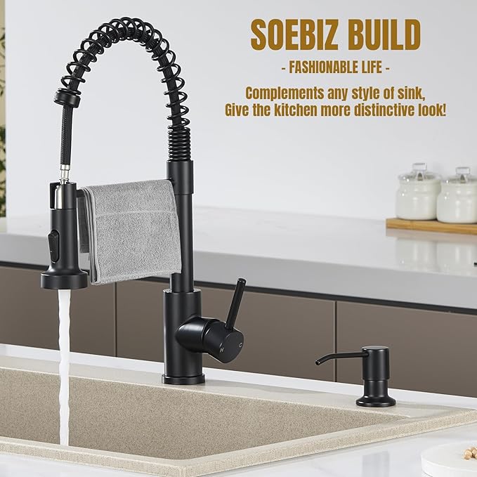 Built in Soap Dispenser for Kitchen Sink Countertop, Matte Black Stainless Steel Soap Dispenser Pump Head Refill from the Top with 11 Ounce Transparent Soap Bottle