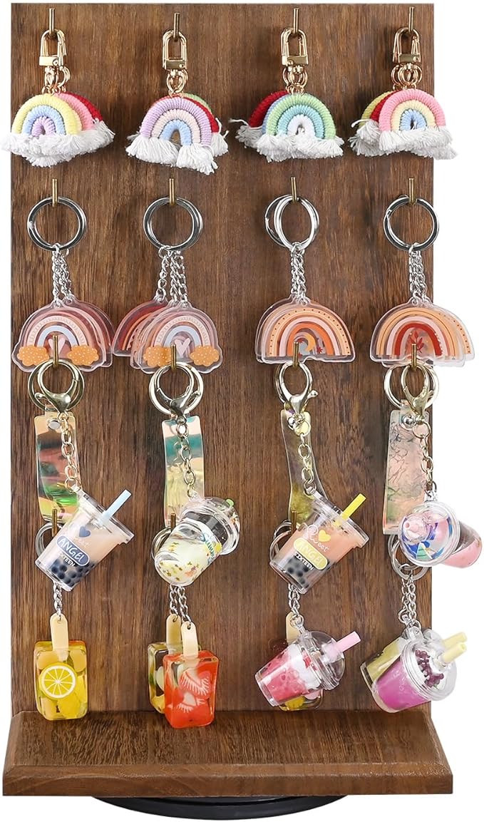Ikee Design Wooden Rotating Two-Sided Jewelry Display Stand, Rotating Organizer with 32 Long Hooks for Store, Keychain Earring Display, Brown color, 9.1W x 7.5 D x 17.1 H in